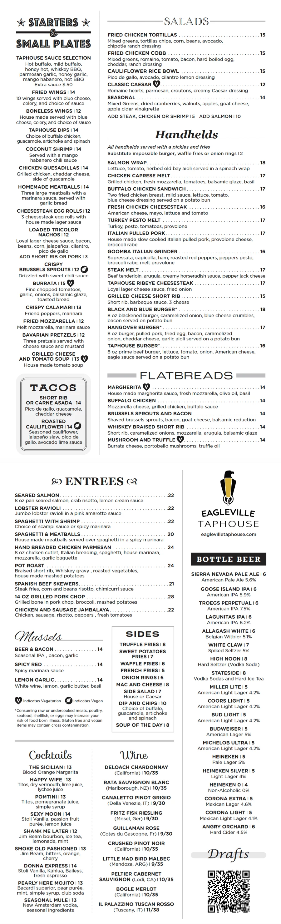 Eagleville Taphouse bar menu