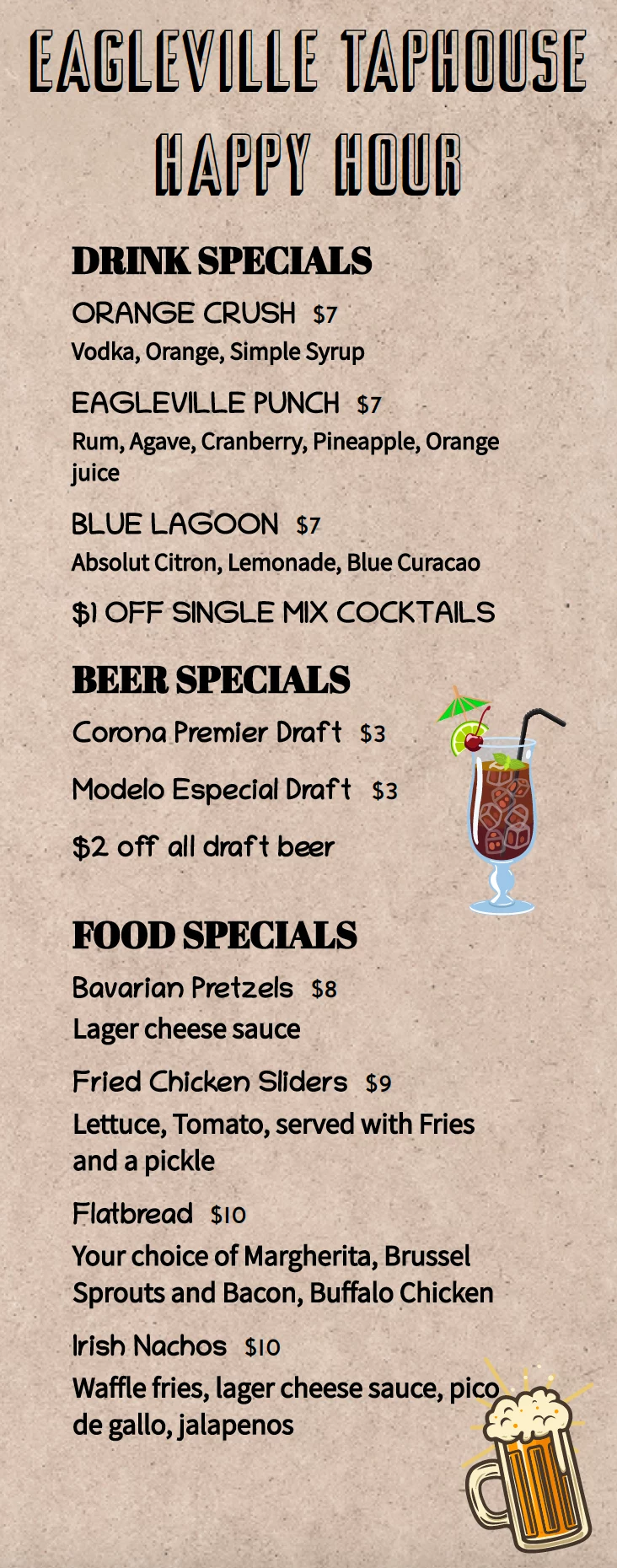 Eagleville Taphouse Happy Hour Menu