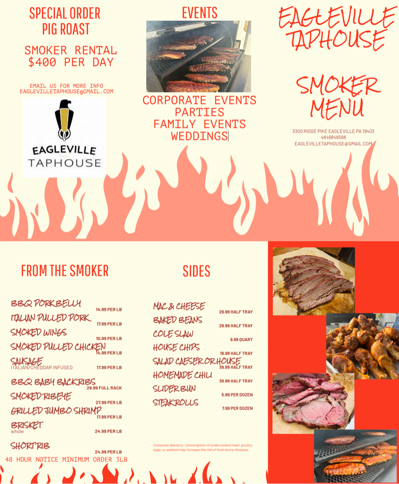 Eagleville Taphouse Smoked Ribs and BBQ catering menu