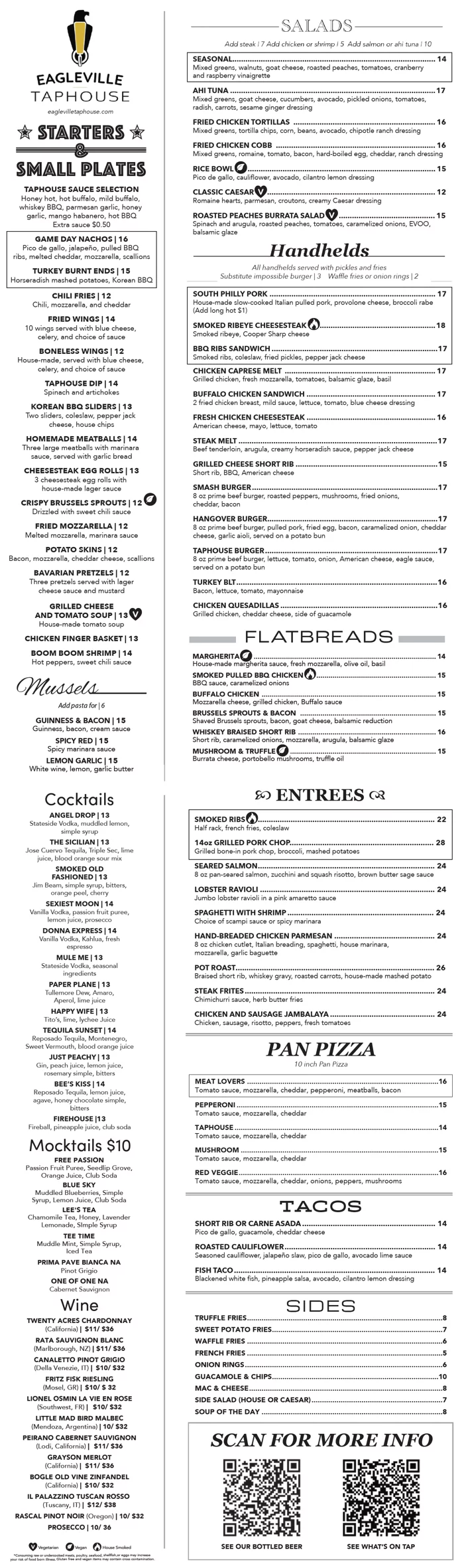 Eagleville Taphouse bar menu